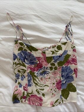 Reformation Floral Spaghetti Strap Crop Top - White with Pink & Blue Blooms